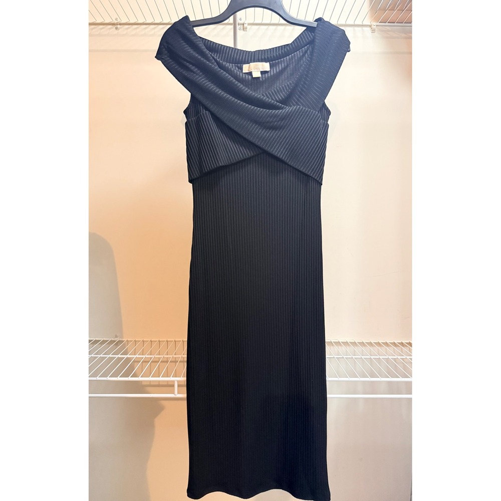 Michael KORS Black Ribbed Off-Shoulder Midi w/ Crossover Front Bodice Dress Sz S